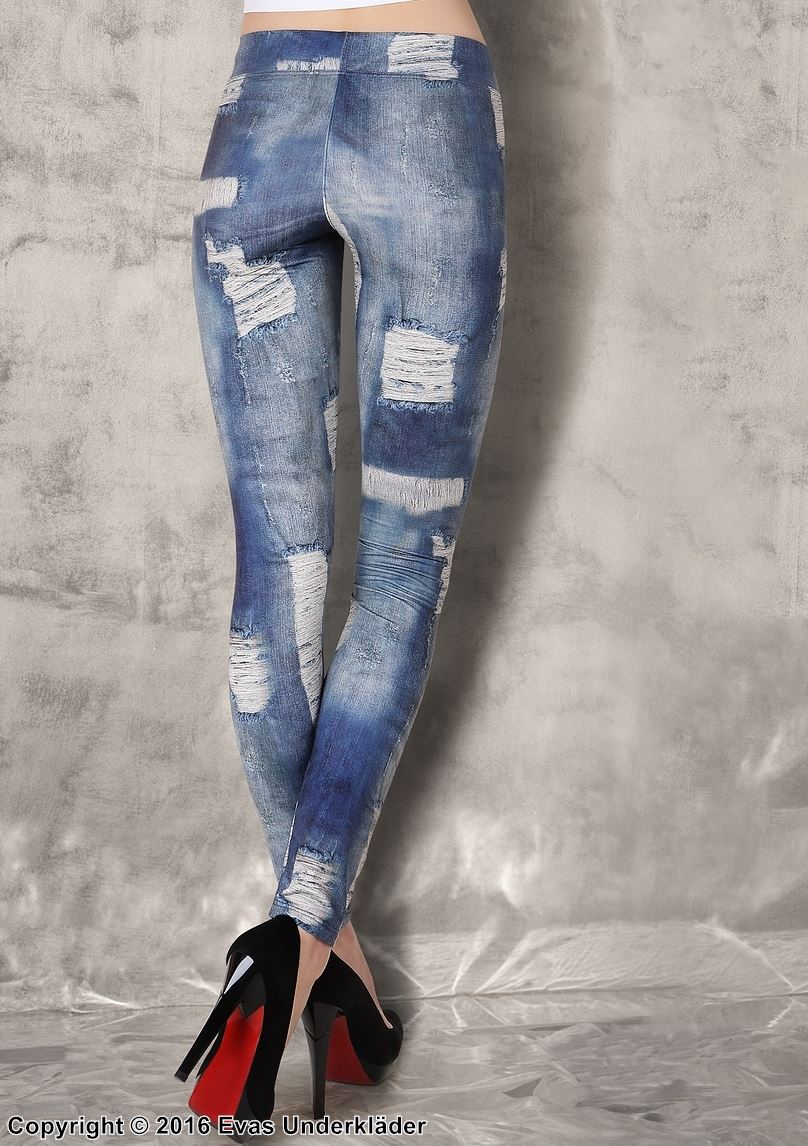 Jeans-leggings med slitet mönster